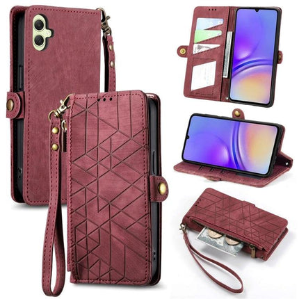 Geometric Phone Case Wallet For Samsung Galaxy Everyday Use - maroon geometric wallet case with card slots, wrist strap, stand and zippered coin pocket