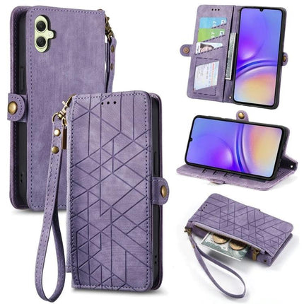 Geometric Phone Case Wallet For Samsung Galaxy Everyday Use purple wallet-style case with card slots, wrist strap, stand and zippered pouch