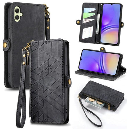 Geometric Phone Case Wallet For Samsung Galaxy Everyday Use black geometric wristlet wallet case with card slots and stand