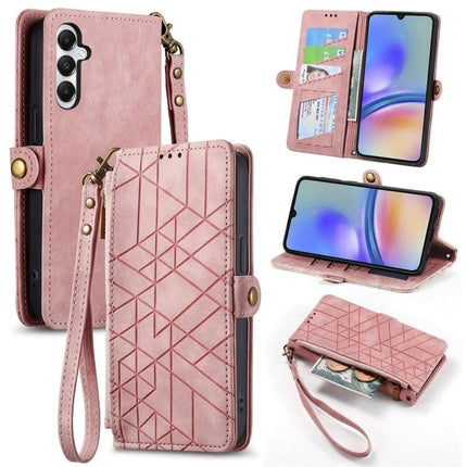Samsung Wallet Style Phone Case For Daily Essentials in pink with geometric pattern, card slots, cash pocket and wrist strap