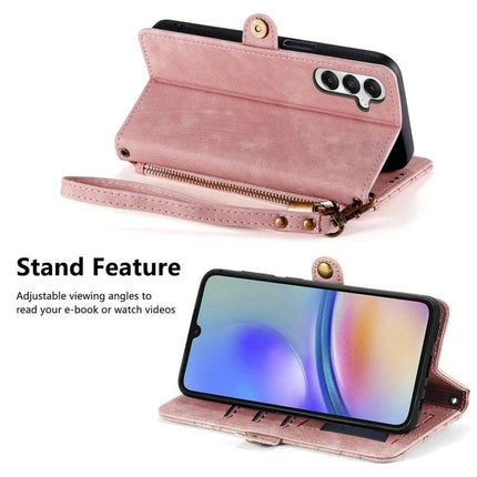 Samsung Wallet Style Phone Case For Daily Essentials in pink leather wallet case with stand, card slots and zip pocket for cards and cash