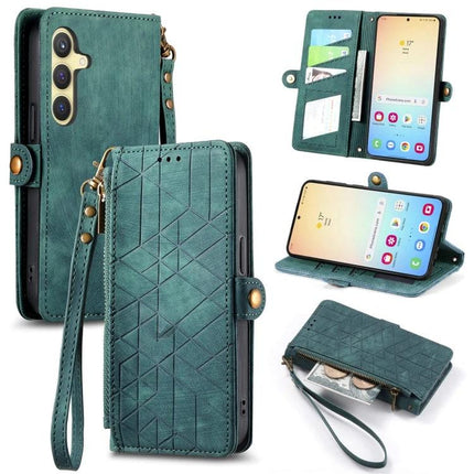 Geometric Phone Case Wallet For Samsung Galaxy Everyday Use - teal geometric wallet case with card slots, wrist strap, and stand