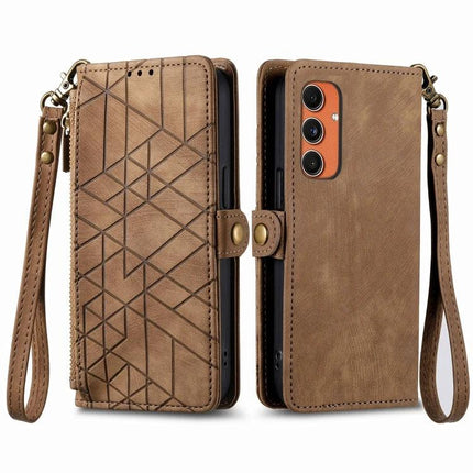 Wallet-Style Phone Case With Card Slots For Everyday Essentials slim brown PU wallet phone case with wrist strap and geometric pattern