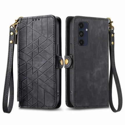 Wallet-Style Phone Case With Card Slots For Everyday Essentials in black PU with wrist strap and geometric pattern, shown open and closed