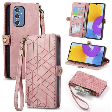 Geometric Phone Case With Zipper Wallet For Everyday Use - pink PU leather wallet case with card slots, wrist strap, TPU phone protection