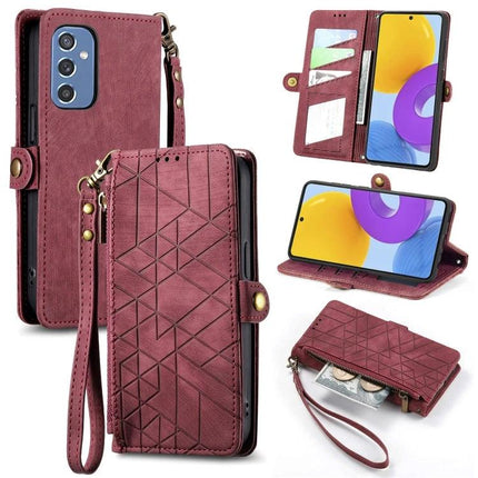 Geometric Phone Case With Zipper Wallet For Everyday Use - burgundy PU wallet case with card slots, zipper pocket, wrist strap and kickstand