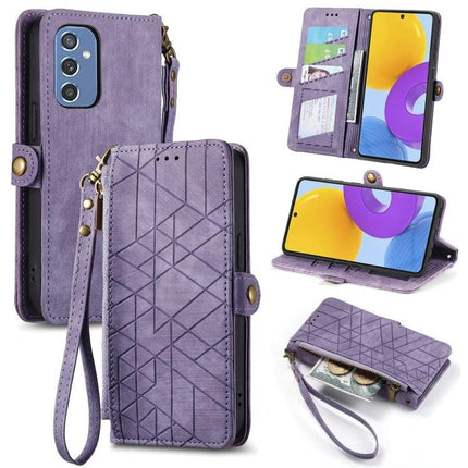 Geometric Phone Case With Zipper Wallet For Everyday Use in purple showing geometric pattern, card slots, cash pocket, wrist strap and phone stand