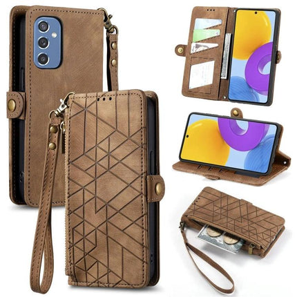 Geometric Phone Case With Zipper Wallet For Everyday Use brown PU exterior TPU interior wrist strap card slots and cash pocket