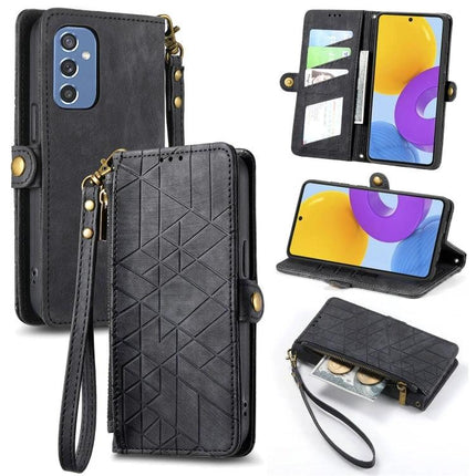 Geometric Phone Case With Zipper Wallet For Everyday Use - black PU protective case with zipper wallet, card slots, wrist strap, stand and cash pocket