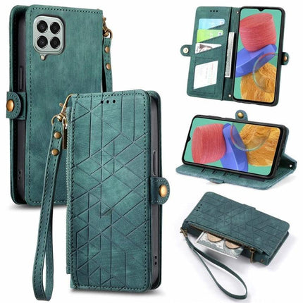 Practical Zipper Wallet Phone Case With Card Slots shown in teal with wrist strap, zipper pocket, card slots, and kickstand functionality