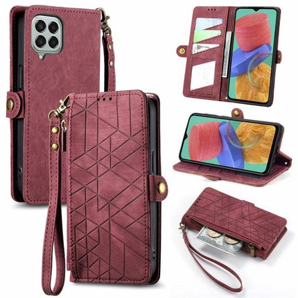 Practical Zipper Wallet Phone Case With Card Slots in burgundy showing card slots, zipper pocket, wrist strap, and phone stand feature