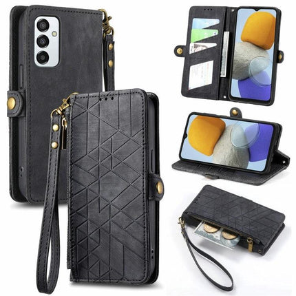 Practical Zipper Wallet Phone Case With Card Slots in black showing card slots, wrist strap, zipper pocket and phone stand feature