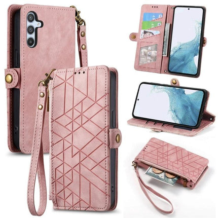 Geometric Zipper Wallet Phone Case for Everyday Carry in pink with geometric pattern, wrist strap, card slots, zipper pocket and phone stand