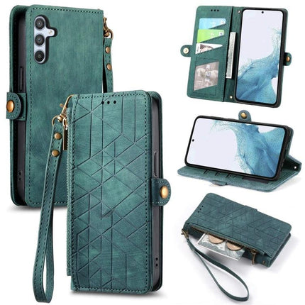 Geometric Zipper Wallet Phone Case for Everyday Carry showing teal geometric zip wallet phone case with card slots, wrist strap, and stand feature