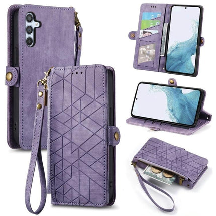 Geometric Zipper Wallet Phone Case for Everyday Carry in purple showing zipper, card slots, wrist strap and phone stand
