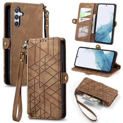 Geometric Zipper Wallet Phone Case for Everyday Carry in brown leather-look with zipper, card slots, wrist strap and kickstand