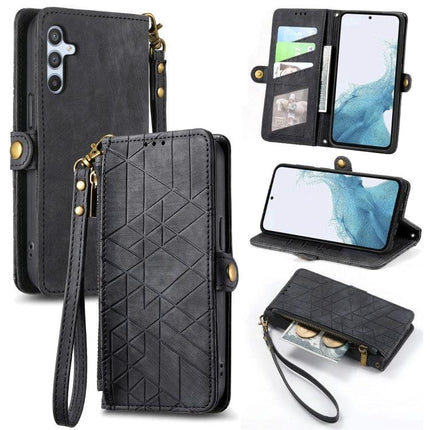 Geometric Zipper Wallet Phone Case for Everyday Carry - black geometric zip wallet phone case with card slots, wrist strap, and kickstand