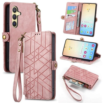 Geometric Zipper Wallet Phone Case for Everyday Carry in pink with card slots, zipper pocket, wrist strap and phone stand functionality