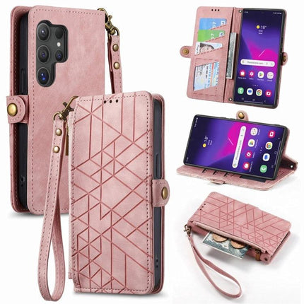 Wallet-Style Phone Case With Card Slots For Everyday Essentials pink geometric wallet case with wrist strap, card slots, stand and protective TPU interior
