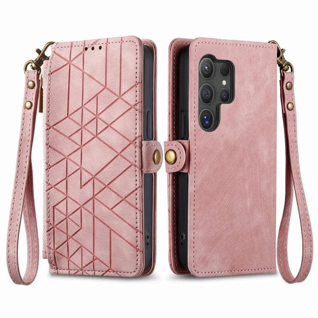 Wallet-Style Phone Case With Card Slots For Everyday Essentials in blush pink PU with wrist strap and geometric stitching