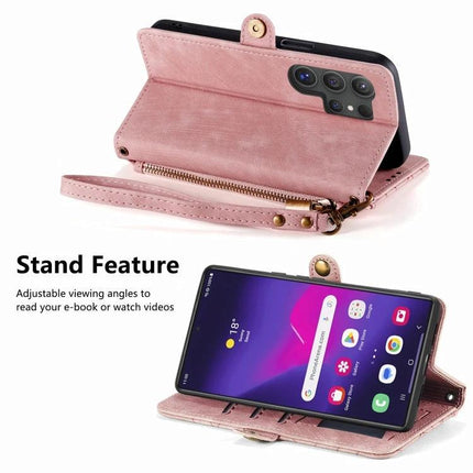 Wallet-Style Phone Case With Card Slots For Everyday Essentials shown in pink folio with stand feature, card slots, zipper pocket and wrist strap