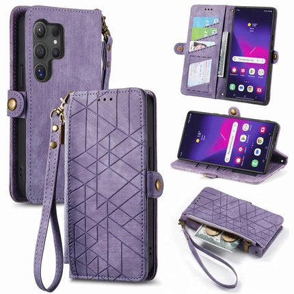 Wallet-Style Phone Case With Card Slots For Everyday Essentials purple geometric PU leather wallet phone case with wrist strap, card slots, stand
