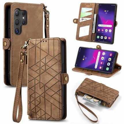 Wallet-Style Phone Case With Card Slots For Everyday Essentials shown in brown PU with wrist strap, card slots, cash pocket and stand function