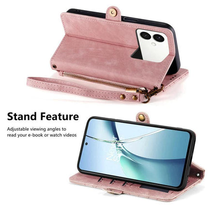 Essential Wallet Case For Samsung Phones With Card Slots in pink PU leather with stand, card slots, zipper pocket and wrist strap