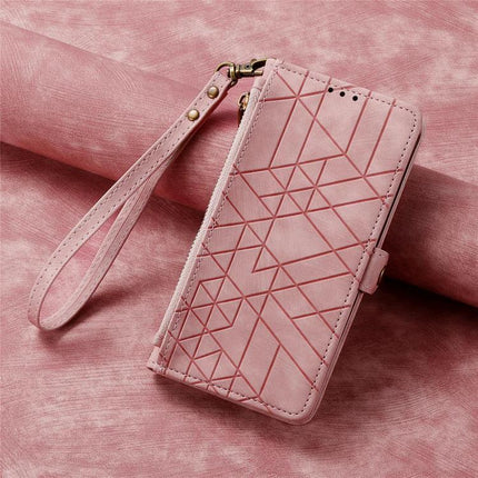 Essential Wallet Case For Samsung Phones With Card Slots - pink geometric PU leather wallet case with wrist strap, card slots and TPU protection
