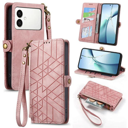 Essential Wallet Case For Samsung Phones With Card Slots in pink PU leather with geometric pattern, wrist strap, card slots and stand function