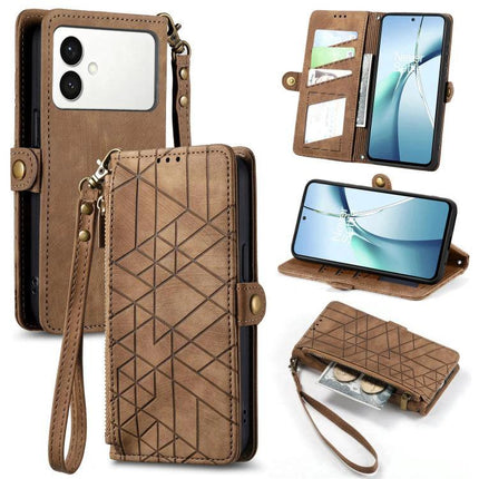 Essential Wallet Case For Samsung Phones With Card Slots in brown PU leather with card slots, wrist strap, zipper pocket and kickstand