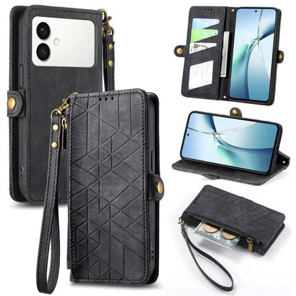 Essential Wallet Case For Samsung Phones With Card Slots in black PU leather with wrist strap, card slots, zip pocket and kickstand
