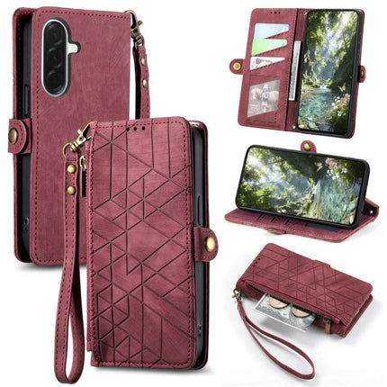 Essential Wallet Case For Samsung Phones With Card Slots - burgundy PU leather wristlet with card slots, zip pocket and kickstand