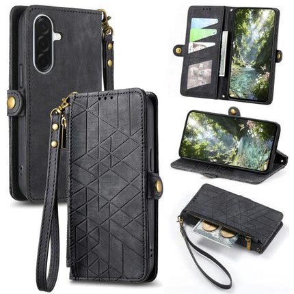 Essential Wallet Case For Samsung Phones With Card Slots in black PU leather with wrist strap, card slots, zip pocket and kickstand