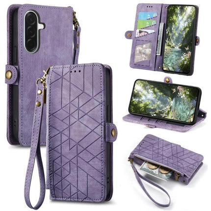 Essential Wallet Case For Samsung Phones With Card Slots in purple PU leather with wrist strap, card slots, zip pocket and kickstand