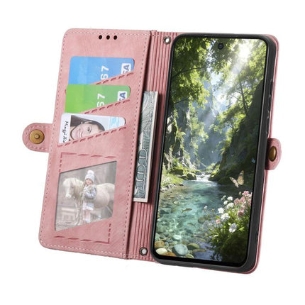 Geometric Zipper Wallet Phone Case for Everyday Carry showing pink folio with card slots, cash pocket and smartphone inside