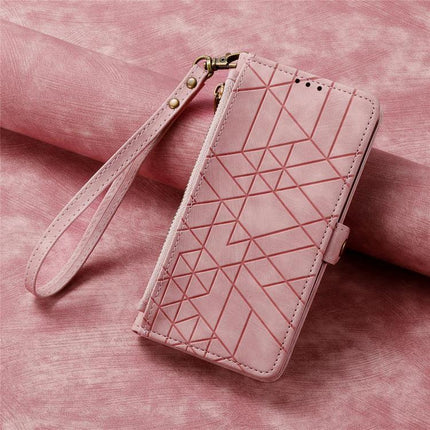 Geometric Zipper Wallet Phone Case for Everyday Carry - pink geometric zippered wallet phone case with wrist strap