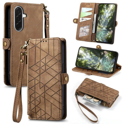 Geometric Zipper Wallet Phone Case for Everyday Carry showcasing tan geometric wallet phone case with zipper, card slots, wrist strap and stand feature