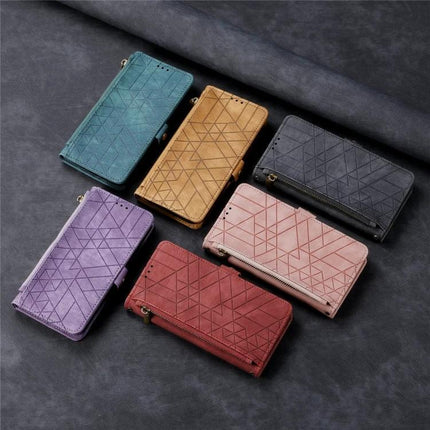 Slim Phone Wallet Case With Card Slot in teal, mustard, charcoal, lavender, red, and blush with geometric embossed design and wrist strap