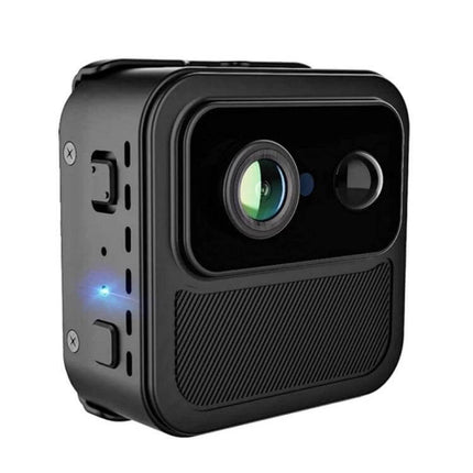 R9 Portable Wireless Security Camera for Home Monitoring compact black cube camera with lens and motion sensor, LED indicator for indoor home monitoring