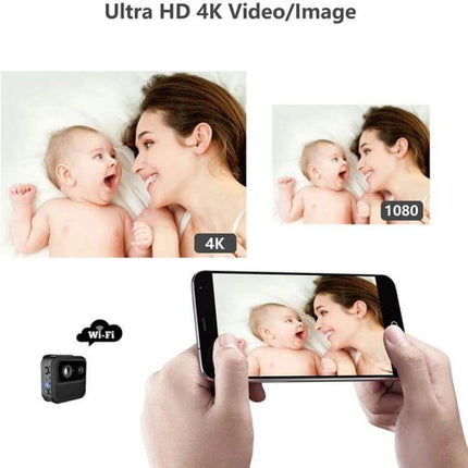 R9 Portable Wireless Security Camera for Home Monitoring showing mobile app live view of mother and baby in 4K for remote home surveillance