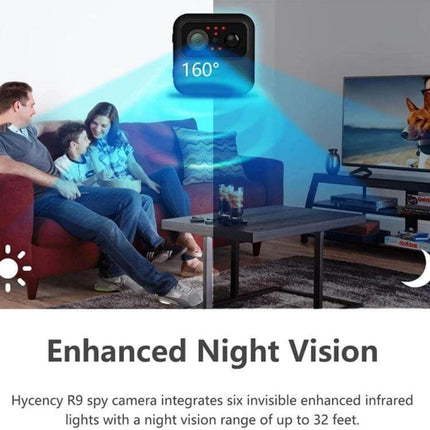 R9 Portable Wireless Security Camera for Home Monitoring showing family on couch with 160° view and enhanced night vision