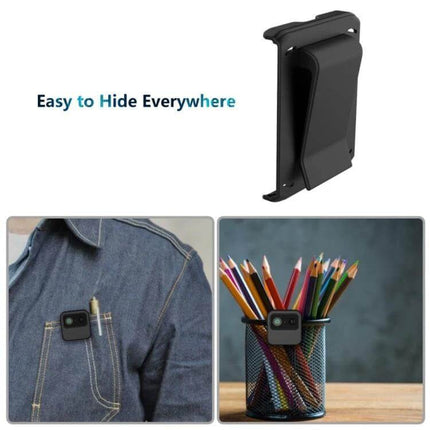 R9 Portable Wireless Security Camera for Home Monitoring shown clipped to clothing and hidden in a pencil cup for discreet indoor surveillance