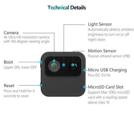 R9 Portable Wireless Security Camera for Home Monitoring showing camera front and labeled technical details