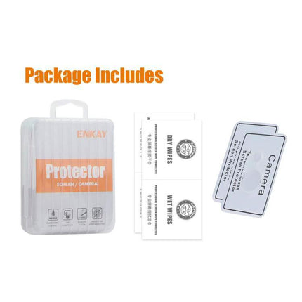 ENKAY iPhone Camera Tempered Glass Lens Protector For Everyday Scratch Protection - package contents with protector case, wet/dry wipes, and camera stickers