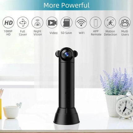 Compact Infrared Home Security Camera with Night Vision Feature showing compact black camera on desk with icons for night vision, motion detection, WiFi and app remote