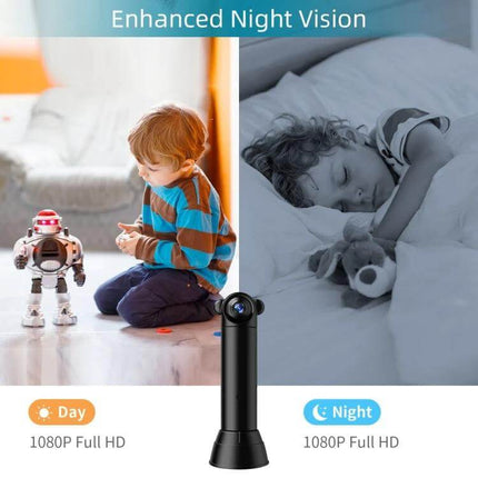 Compact Infrared Home Security Camera with Night Vision Feature showing day and night 1080P full HD monitoring of child sleeping and playing