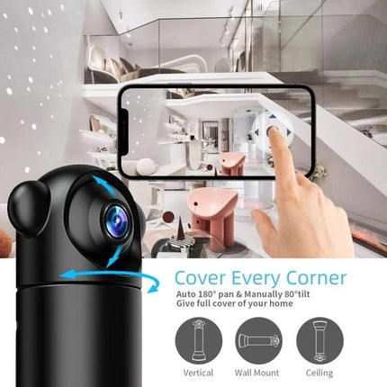 Compact Infrared Home Security Camera with Night Vision Feature showing live mobile app view and 180° pan for indoor monitoring
