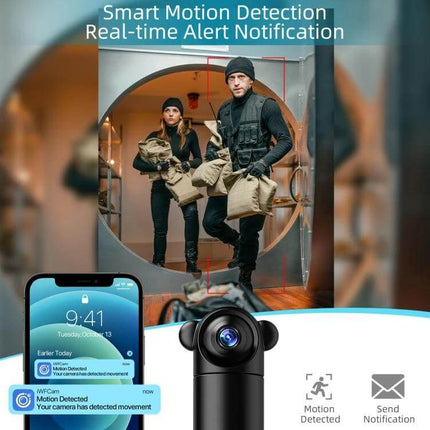 Compact Infrared Home Security Camera with Night Vision Feature capturing burglars at doorway with motion alert on mobile app