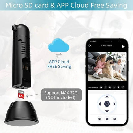 Compact Infrared Home Security Camera with Night Vision Feature showing mobile app live feed and micro SD support
